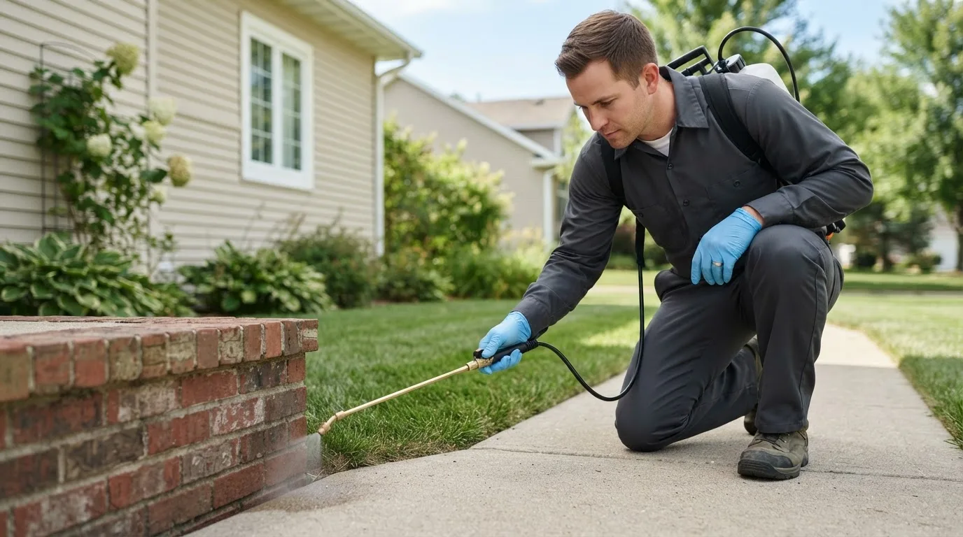 Pest control technician treating a home near Ada, OK