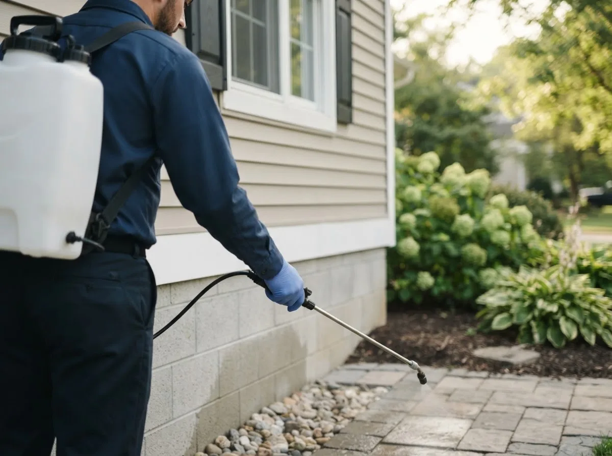 Pest control technician inspecting a home in Ada, OK